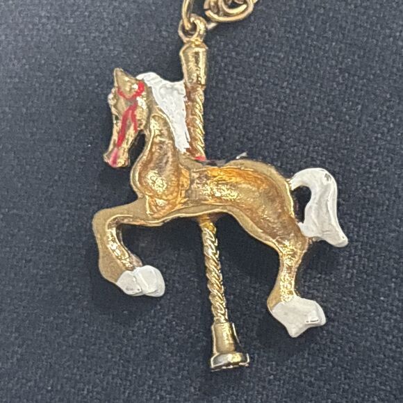 Vintage Carousel Horse Pendant Necklace Gold Tone Enamel Whimsy - Picture 9 of 11